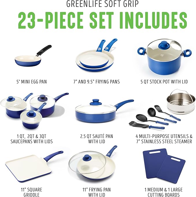 GreenLife Soft Grip 23 Piece Kitchen Cookware Pots and Frying Saucepans Set, Healthy Ceramic Nonstick PFAS and PFOA-Free, Dishwasher and Oven Safe, Even Heating, Easy Clean, Warp Control, Blue
