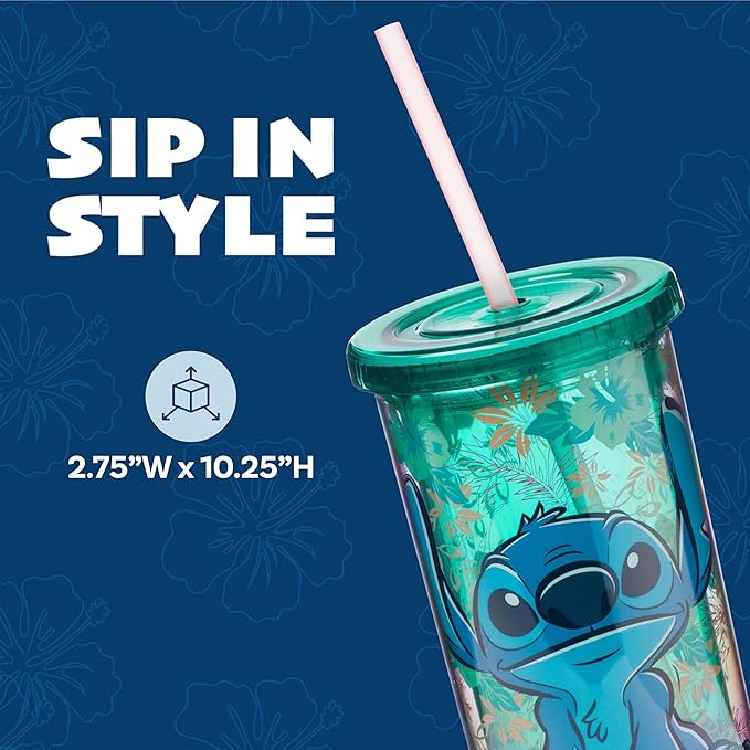 Silver Buffalo Disney Lilo and Stitch Tropical Pattern Plastic Tall Cold Cup with Lid and Straw, 20 Ounces