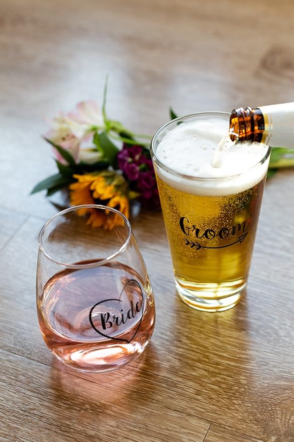 Cute Wedding Gifts - Bride and Groom Novelty Wine Glass and Beer Glass Combo - Engagement Gift for Couples