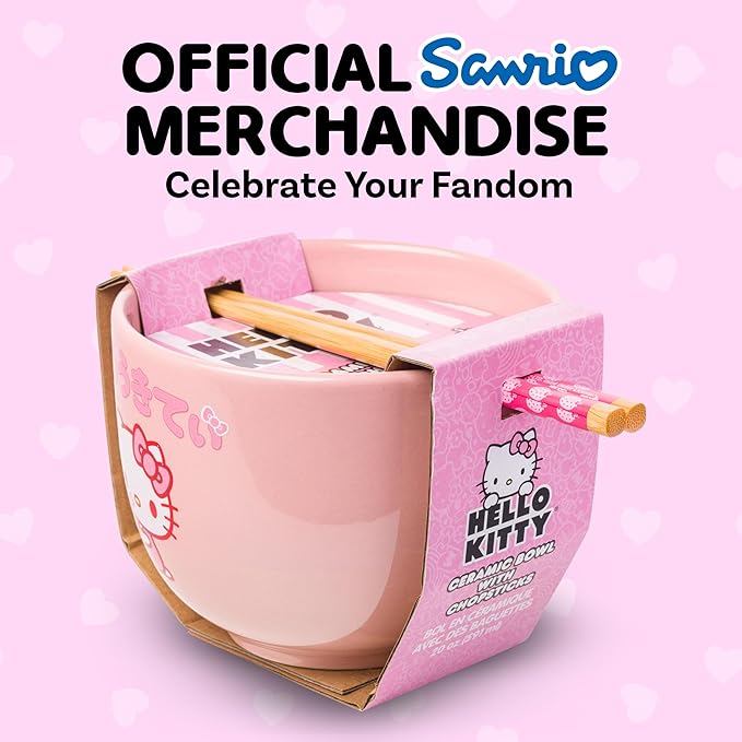 Silver Buffalo Sanrio Hello Kitty Strawberry Milk Japanese Character Ceramic Ramen Noodle Rice Bowl with Chopsticks, Microwave Safe, Pink, 20 Ounces