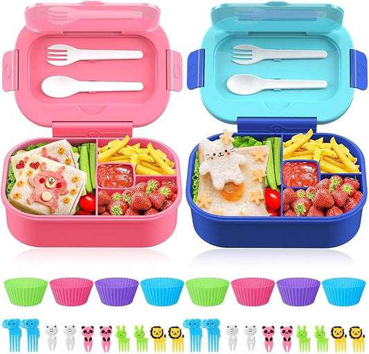 Bento Box Kid Adult Lunch Box 2 Pack, Leakproof Bento Lunch Container 4 Compartment Bento-Style Lunchbox with Utensil Set, On-the-Go Meal and Snack Packing for School, Work, Picnic