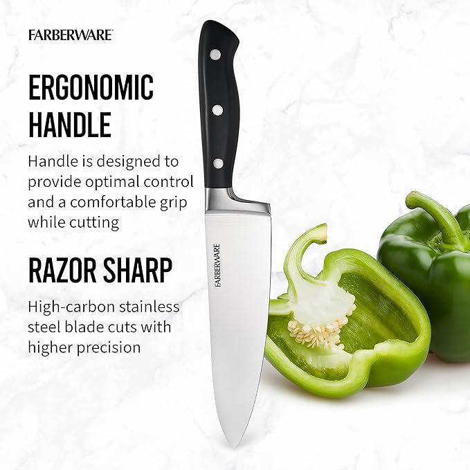 Farberware Edgekeeper 8-Inch Forged Triple Riveted Chef Knife with Self-Sharpening Blade Cover, High Carbon-Stainless Steel Kitchen Knife with Ergonomic Handle, Razor-Sharp Knife, Black