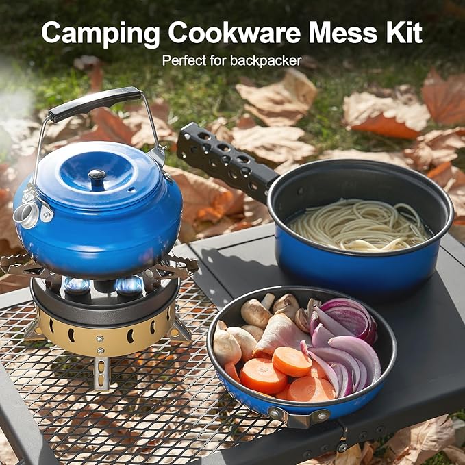 Odoland 5pcs Camping Cookware Non-Stick Camping Pot and Pan Set with Kettle and Removable Handle for Hiking Backpacking and Picnic