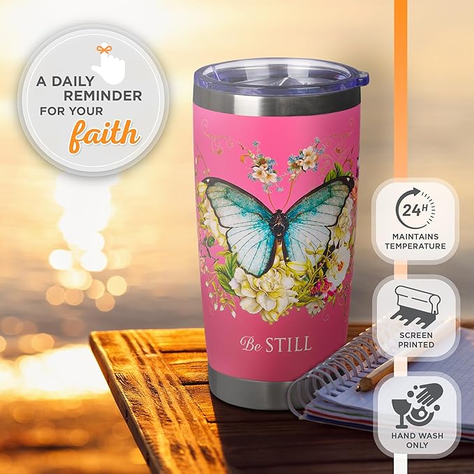 Christian Art Gifts Stainless Steel Double Wall Vacuum Insulated Travel Mug 18 oz Butterfly Pink BPA-free Tumbler with Retractable Lid Inspirational Scripture for Women - Be Still -Psalm 46:10