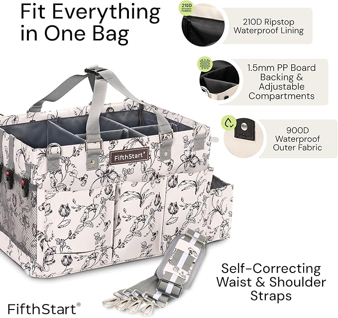 FifthStart Multiuse Cleaning Caddy with Waist & Shoulder Strap - Diaper Caddy & Beach Bag - 9 Pockets & Mesh Base - Adjustable Compartments (Black, Small) - Cleaning Supplies Organizer Bag