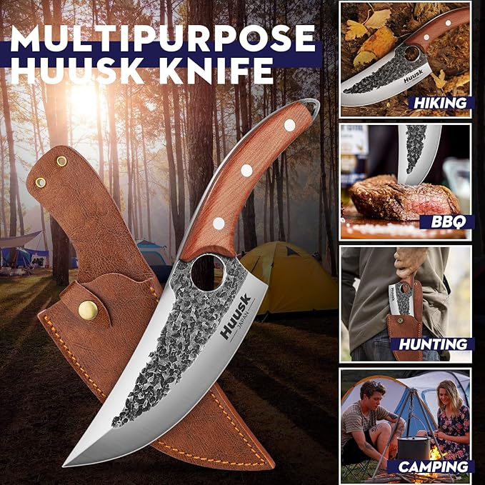 Huusk Knife Japan Kitchen, Upgraded Viking Knives with Sheath Hand Forged Butcher Knife for Meat Cutting Japanese Cooking Meat Cleaver Huusk Chef Knives for Outdoor Camping, BBQ