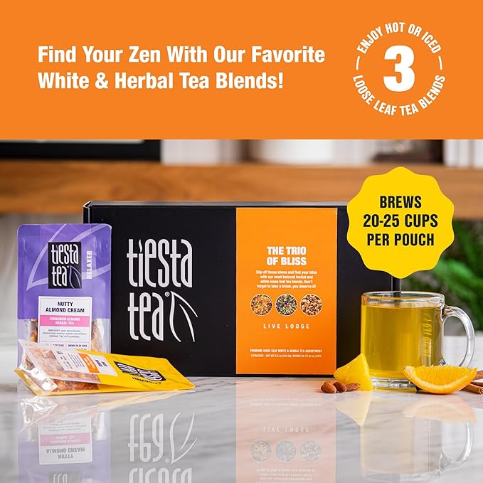 Tiesta Tea - Herbal Tea Gift Box, Loose Leaf, Medium to Non-Caffeinated Variety Pack, Make Hot & Iced, 3 Pouches of Assorted Blends with Herbal, White & Fruit Bags