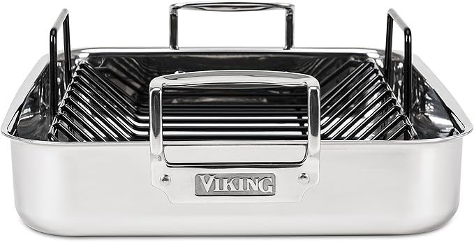 Viking 3-Ply Stainless Steel Roasting Pan with Non Stick Rack, 16 x 13 Inch Kitchen Cookware, Great for Turkey, Dishwasher and Oven Safe, Induction Ready, Silver