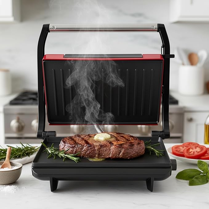 Panini Press - Sandwich Maker with Nonstick Plates - Indoor Countertop Grill for Cooking Burgers, Steak, Grilled Cheese, and More (Red)