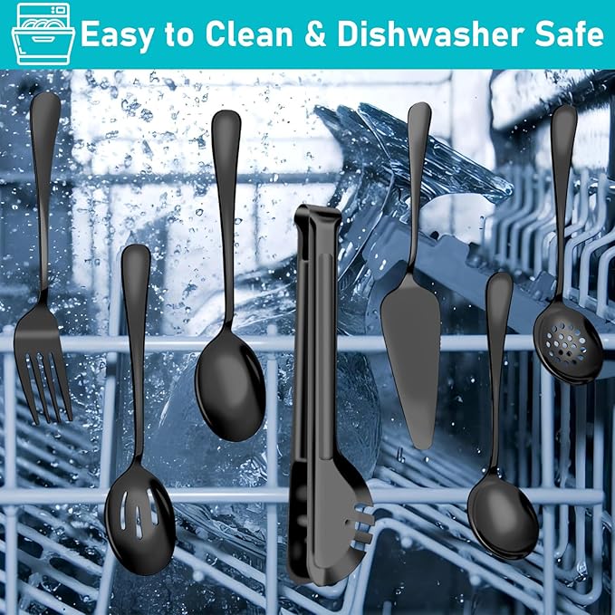 Serving Utensils, 15 Pcs Stainless Steel Large Flatware Serving Tools Kit, Included Spoons, Forks, Tongs, Slotted Spoon, Ladle, Cake Server for Kitchen Catering Banquet Wedding Buffet Party, Black