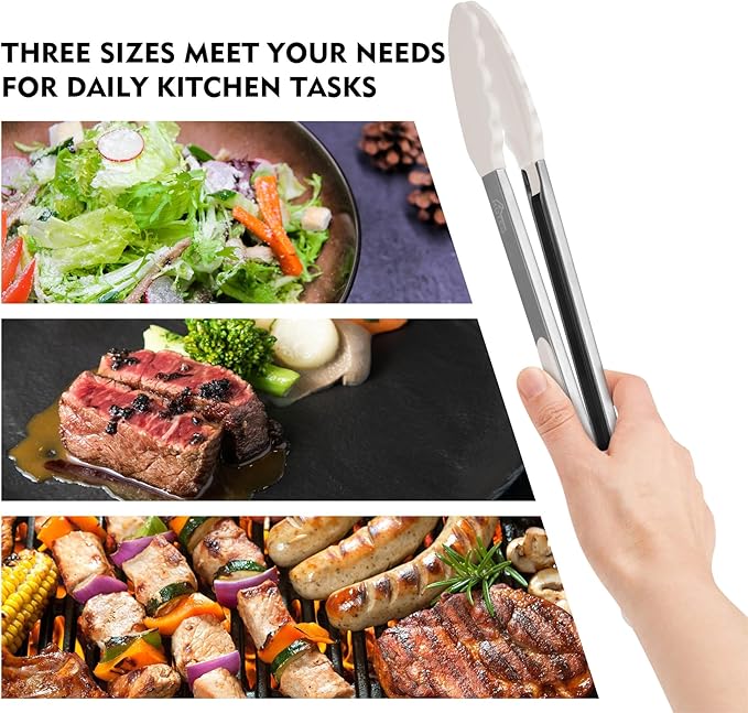 HOTEC Premium Stainless Steel Locking Kitchen Tongs with Silicon Tips, Set of 2-9" and 12",Khaki