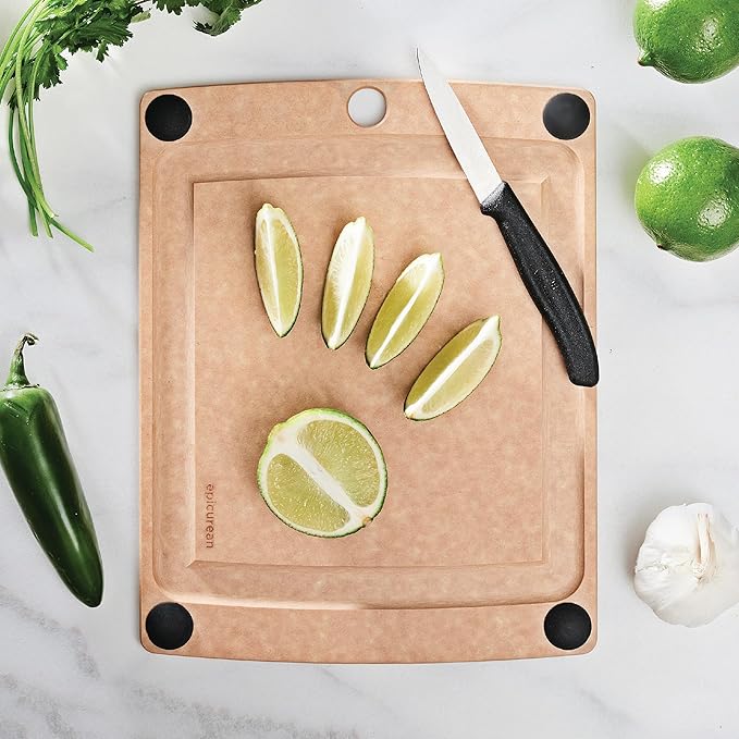 Epicurean All-In-One Cutting Board with Non-Slip Feet and Juice Groove, 11.5" × 9", Natural/Black