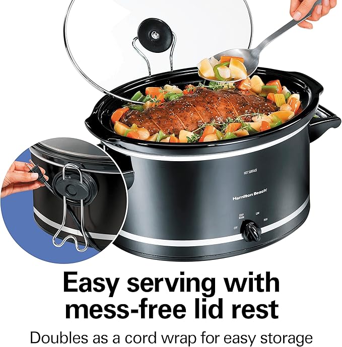 Hamilton Beach Slow Cooker with 3 Cooking Settings, Dishwasher-Safe Stoneware Crock & Glass, 8-Quart Built-In Lid Rest, Black