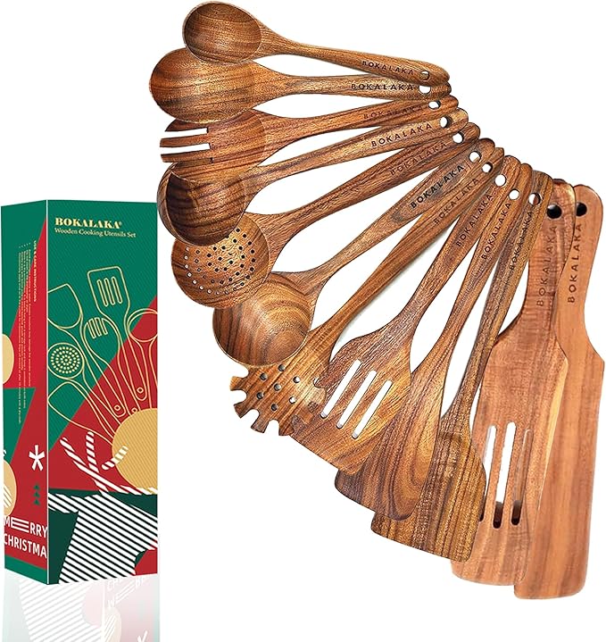 Christmas Teak Wooden Kitchen Utensil Set,12 Pcs Natural Wooden Spoons for Cooking with Red & Green Christmas Gift Packaging, Non-Stick Friendly(12 PCS Xmas Gift)