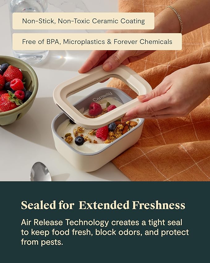 Caraway Mini Food Storage 9pc Set - Glass Storage Containers for Food - Non-Toxic Ceramic-Coated Glass - Air Release Technology - Compact & Stackable Design - Sage