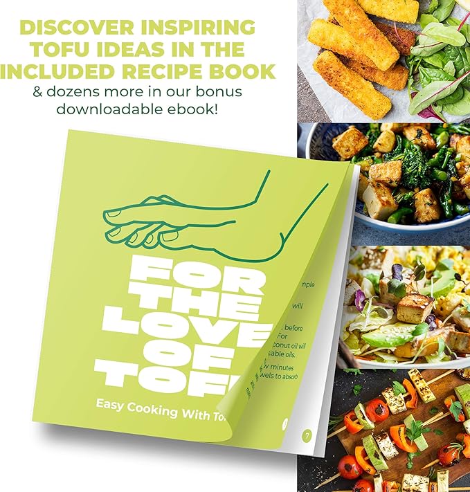 TofuBud Tofu Press - Presser for Firm or Extra Firm Tofu - Dishwasher Safe with Water Drainer - Made from Durable Sustainable Materials - Perfect for Vegan Cooking - Healthy Recipes Cookbook Included