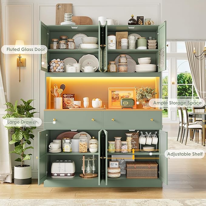 FINETONES 71" Pantry Cabinet with LED Light and Charging Station, Farmhouse Kitchen Pantry Cabinet with Microwave Stand, 47.2" Wide Kitchen Hutch Food Pantry with Open Countertop, Green