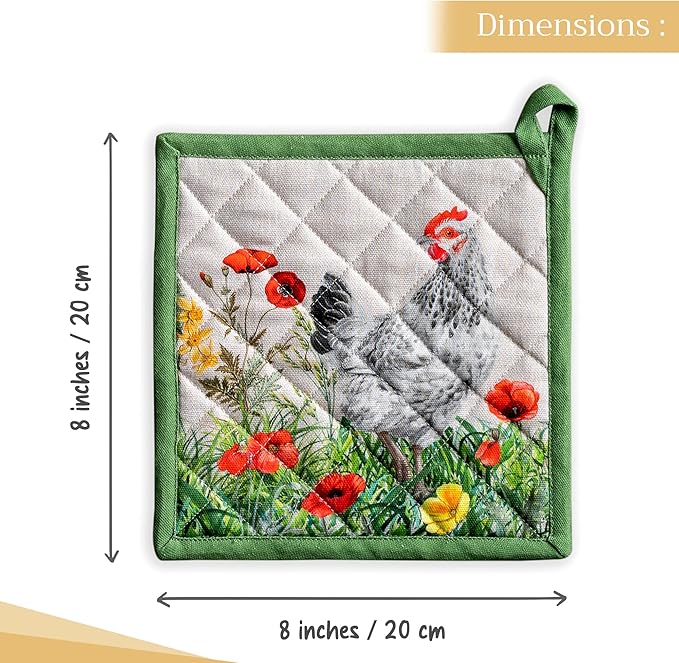 Maison d' Hermine Pot Holders 100% Cotton Heat Resistant Potholders 8" x 8" Hot Pads with Loop BBQ, Cooking, Baking, Grilling, Kitchen, Handling Hot Pans Spring/Summer (Pack of 1, Basse Cour)