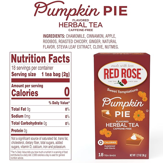 Red Rose Sweet Temptations Dessert Tea Pumpkin Pie, Zero Carbs, Zero Sugar Bursting with Flavor Caffeine-Free Delicious Beverage Herbal Tea, 18 Count Pack of 6 Fruit Naturally Flavored Black Tea