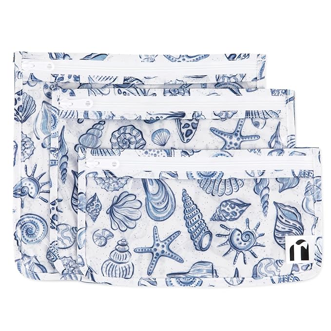 Roamio Travel Bag, Toiletry, TSA Approved Pouch, Zip Quart Size Airline Compliant, Clear-Sided, Baby, Diaper Bag Organization, Makeup, Accessories, Carry On Packing, Set of 3 Sizes, Blue Shells
