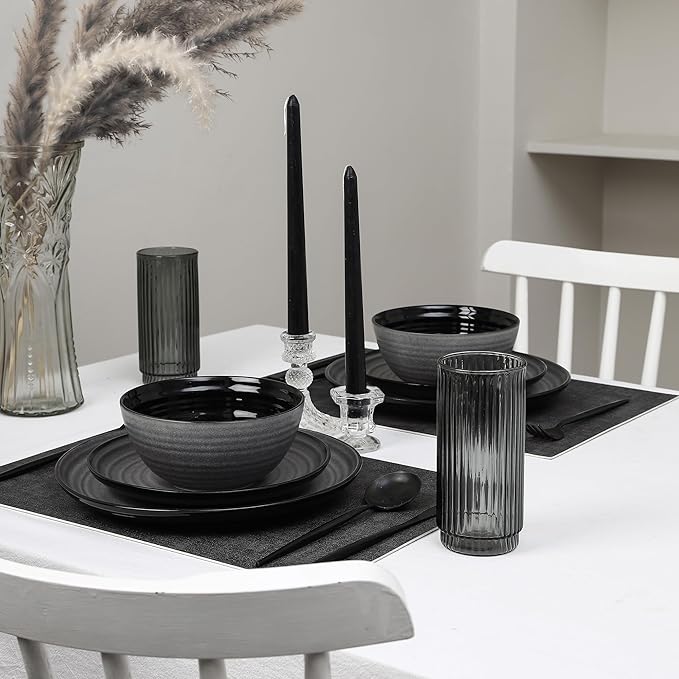 Stone Lain Dua 16-Piece Dinnerware Set Stoneware, Borosilicate Glass, Black