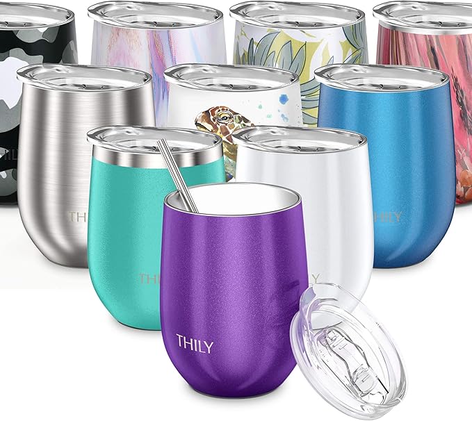 THILY Vacuum Insulated Stemless Wine Tumbler Triple-Insulated Stainless Steel Wine Glass with Lid, Reusable Straw, 12 oz, Wine, Coffee, Cocktails, Gifts Ideas for Women, Her, Girls, Purple