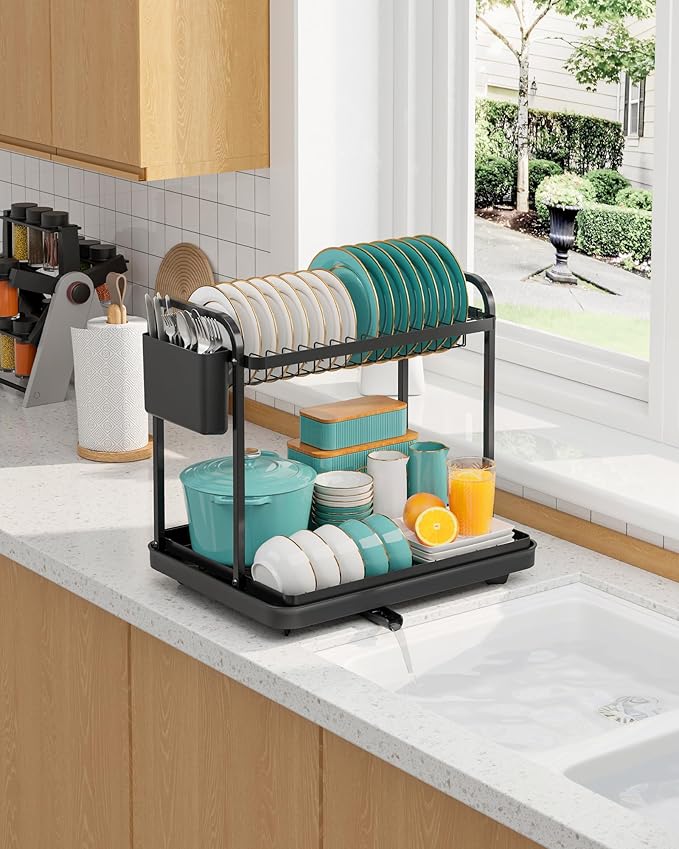 Sakugi 2-Tier Dish Drying Rack - Stainless Steel Dish Rack with Cutlery & Utensil Holders for Kitchen Counter, Sink Organization and Storage Essentials, Home Decor, 15" W x 11.4" L x 15" H, Black