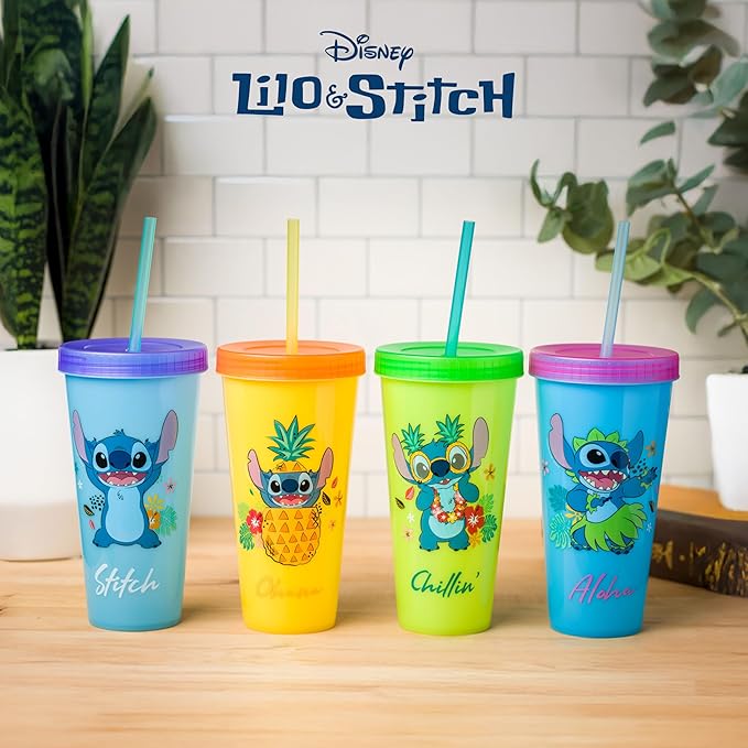 Silver Buffalo Disney Lilo and Stitch Tropical Poses 4 Pack Color Change Plastic Tumbler, 24 Ounces