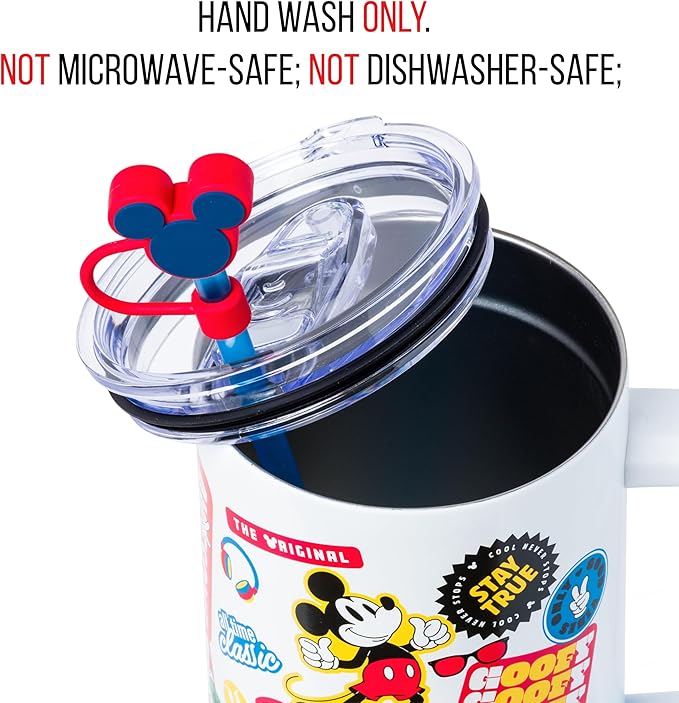 Silver Buffalo Disney Mickey and Friends Featuring Daisy, Donald Duck, Goofy, Pluto, Minnie Decals Stainless Steel Tumbler with Handle, Straw, and Straw Cap, Fits in Standard Cup Holder, 40 Ounces