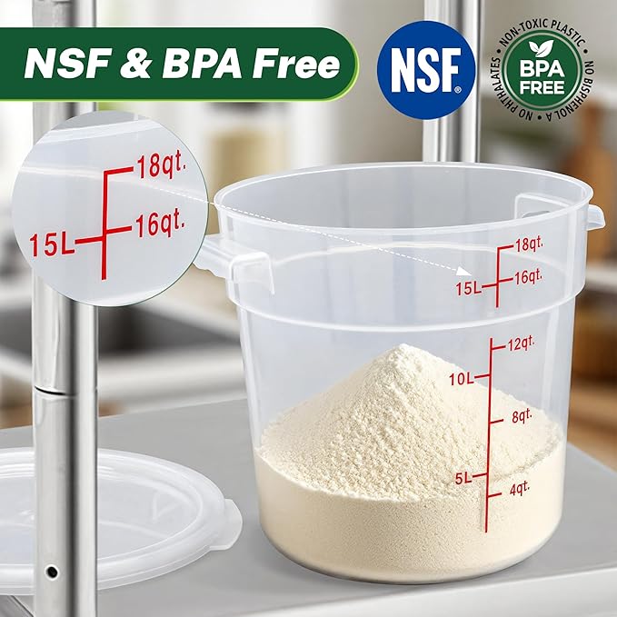 Round Food Storage Container with Lid，18 Qt Translucent， Commercial 4 Pack of – NSF Listed, BPA-Free, Polypropylene, Non-Stick， Scale, with Labels & Measuring Cups