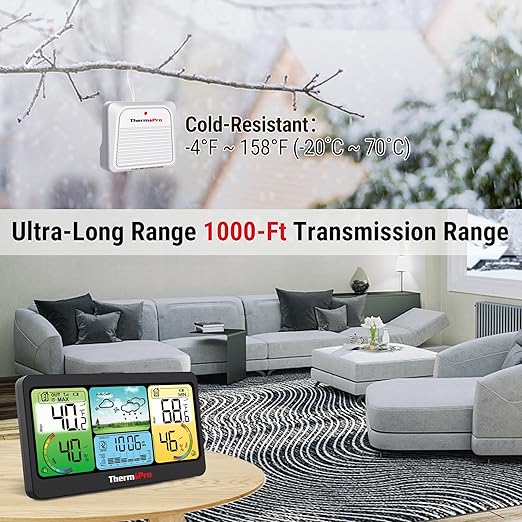 ThermoPro TP280 1000FT Home Weather Stations Wireless Indoor Outdoor Thermometer, Indoor Outdoor Weather Stations with Accurate Sensor, Inside Outside Weather Thermometer Barometer with Forecast