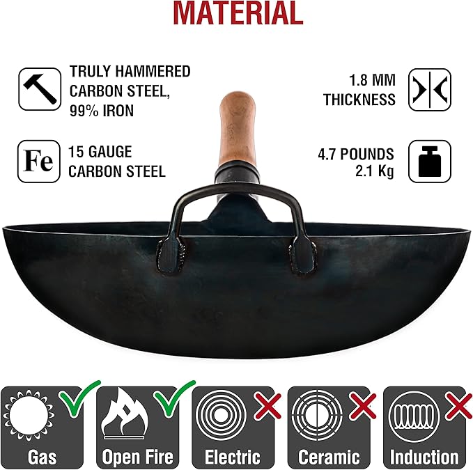 YOSUKATA 14” Round Bottom Carbon Steel Wok Pan – Blue Pre-Seasoned Pow Wok for Stir Fry, BBQ & Camping – Traditional Japanese & Chinese Cookware – Compatible with Gas Stoves & Open Fire Only