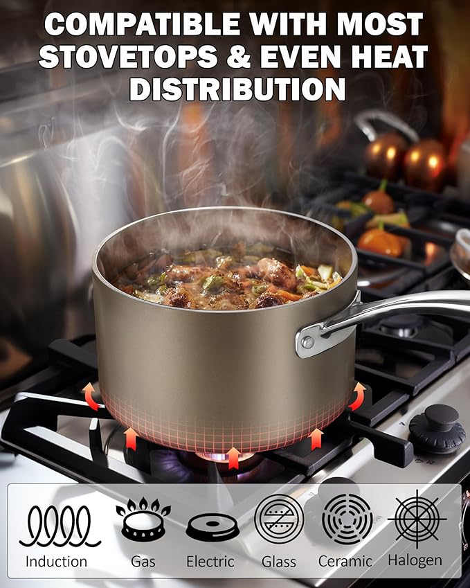 Cooks Standard 2-Quart Saucepan Hard Anodized Ceramic Nonstick with Glass Lid, Classic Small Cooking Sauce pot Mini Milk Pan, Induction Compatible, Bronze