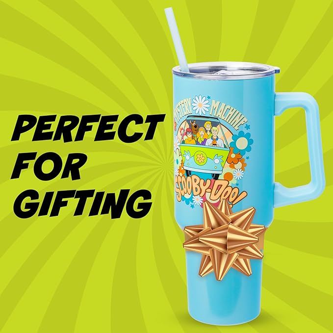 Silver Buffalo Scooby Doo Mystery Machine Featuring Shaggy, Velma, Fred and Daphne Stainless Steel Tumbler with Handle and Straw, Fits in Standard Cup Holder, 40 Ounces