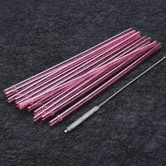 ALINK 12PCS Reusable Clear Pink Glitter Straws, 11" Long Hard Plastic Tumbler Drinking Straws with Cleaning Brush