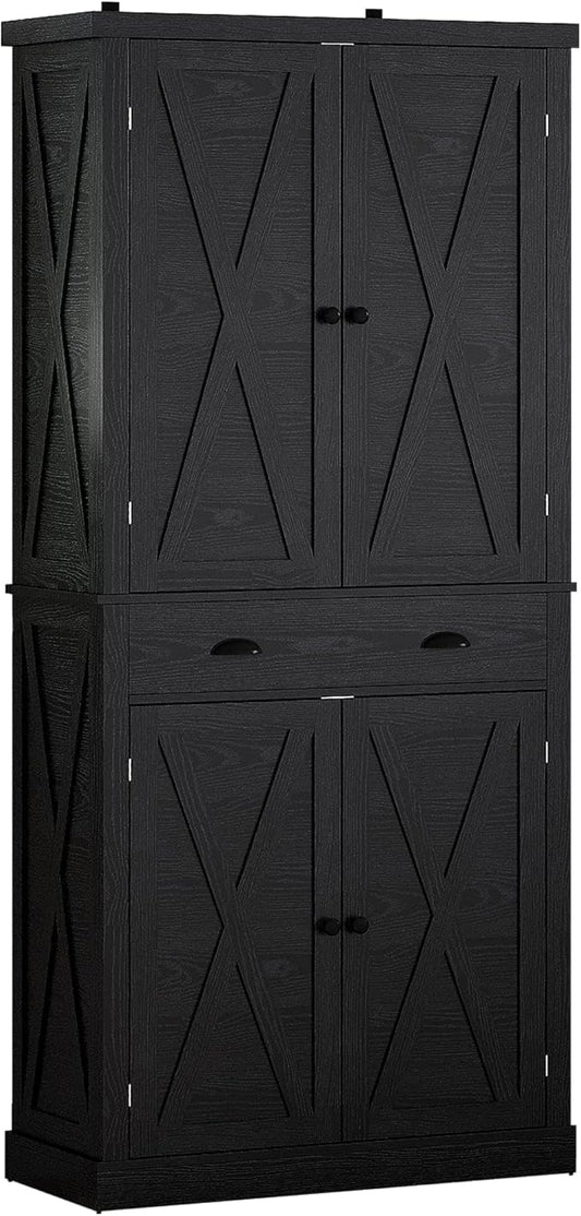 IRONCK Kitchen Pantry Storage Cabinet 72.6" H, with Barn Doors, Drawer, 4 Adjustable Shelves, Freestanding Cupboard for Dining Room Living Room, Laundry, Black