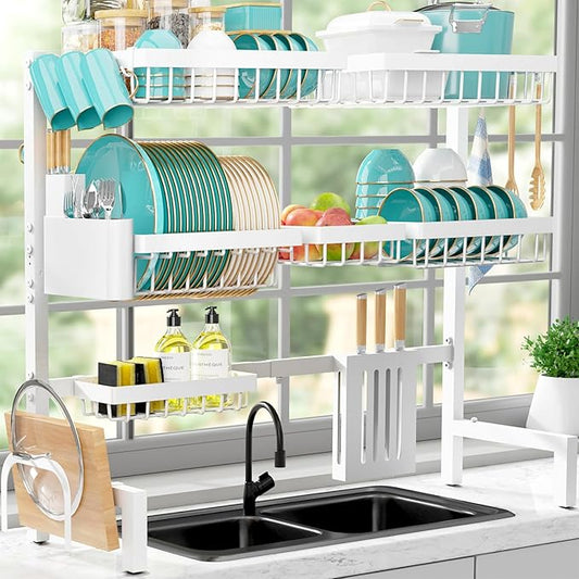 Over The Sink Dish Drying Rack - Adjustable 3 Tier XX-Large Capacity Stainless Steel Drainer with Cutlery & Utensil Holders, Kitchen Storage & Organization, 31.5"-39.5"L x 12"W x 30.5"H, White