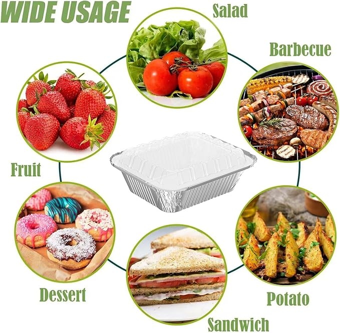 WANBAO 100 PACK 8.3"x6.2" Disposable Tin Foil Pans with Plastic Lids 2.25LB Aluminum Foil Food Containers for Cooking, Baking, Catering Party Meal Prep, Take Out, Freeze, Food Storage
