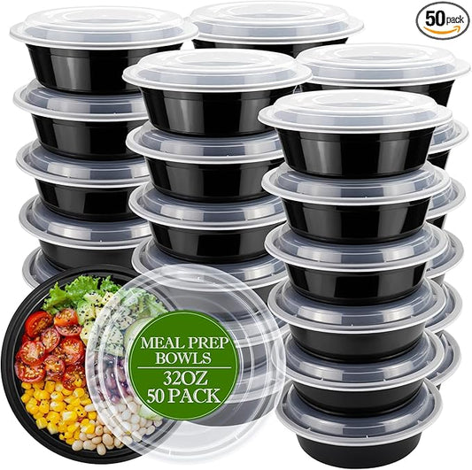Meal Prep Containers Reusable 32oz - Meal Prep Bowls with Lids 50 Pack, Round Food Prep Bowls for Takeout, Disposable To Go Food Containers, Stackable, Leakproof, BPA-Free, Microwave/Freezer Safe