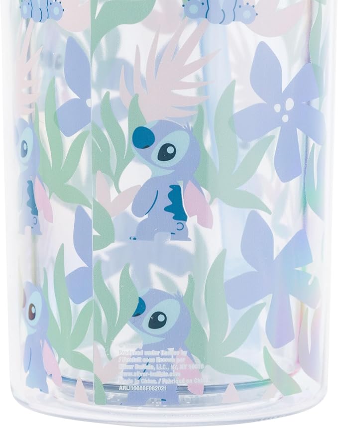 Silver Buffalo Disney Lilo and Stitch Cute Floral and Leaves Pattern Plastic Tall Cold Cup with Lid and Straw, 20 Ounces