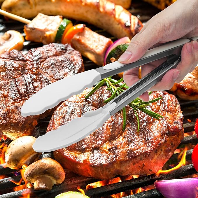 Premium Stainless Steel Heat Resistant Kitchen Tongs for cooking,set of 9" and 12" (White),Non Scratch Silicone cooking Tong Tip for Cooking Pans,Strong Grip BBQ tongs for Grabbing Hot Food
