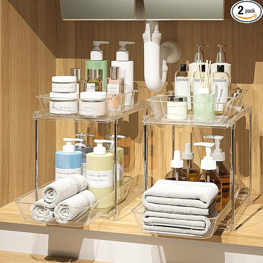 2 Sets of Under Bathroom Sink Organizer, 2-Tier Multi-Purpose Clear Medicine Cabinet Organizer, Pull Out Home Organization Must Haves 2025 with Movable Dividers