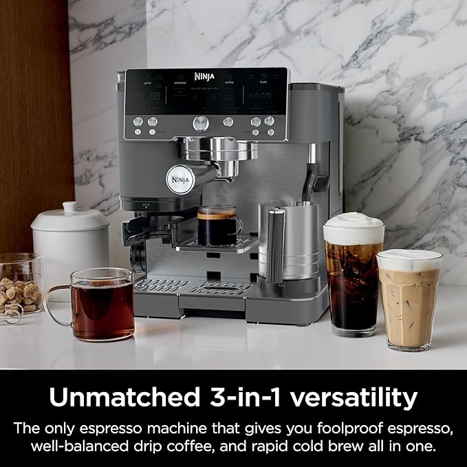 Ninja Luxe Cafe Premier Series, Espresso Machine, Drip Coffee, Rapid Cold Brew, Integrated Grinder, Hands-Free Frother, with Knock Box, Water Filter, Cleaning Tablets, Descaler, ES601GM