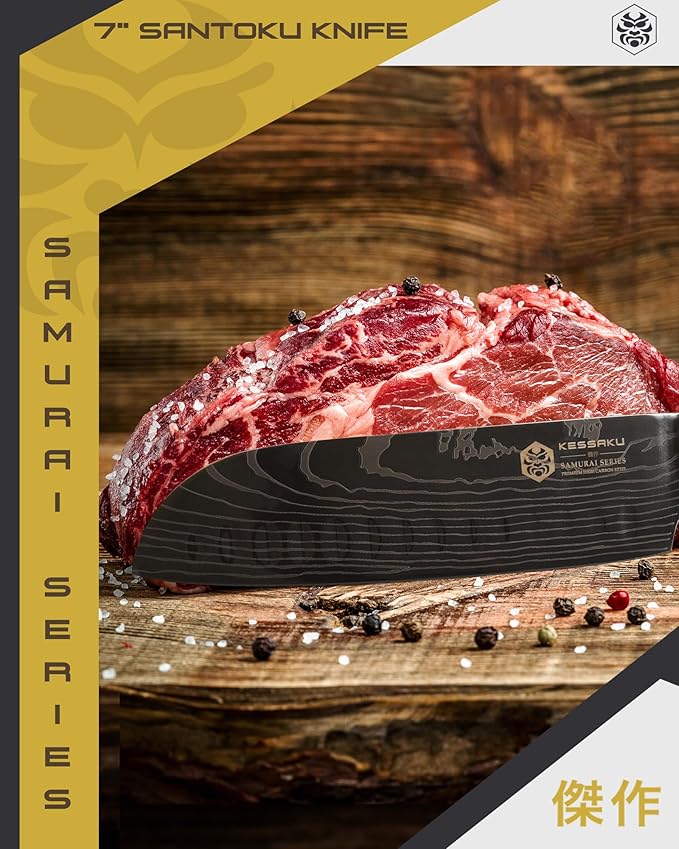 KESSAKU Santoku Knife - 7 inch - Samurai Series - Razor Sharp Kitchen Knife - Forged 7Cr17MoV High Carbon Stainless Steel - Wood Handle with Blade Guard