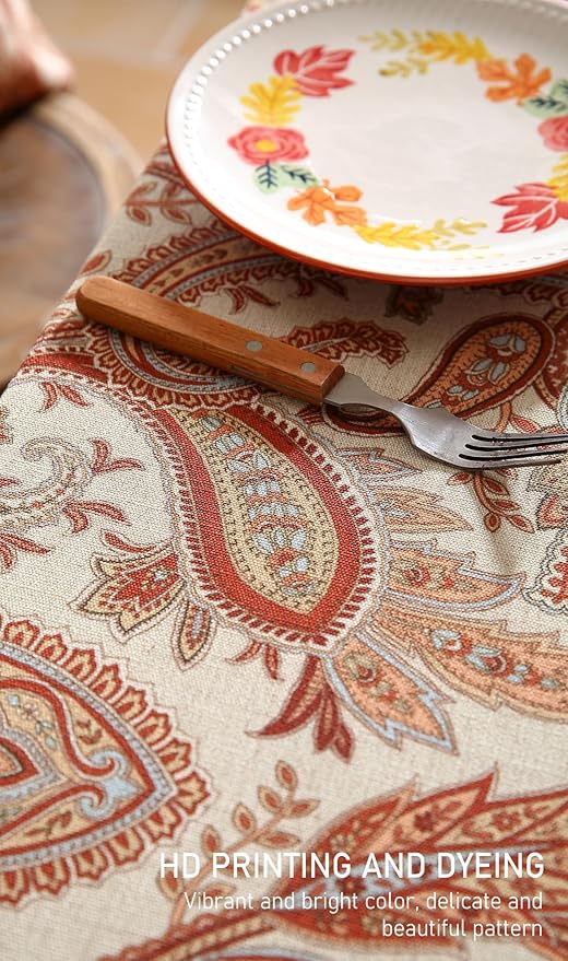 ISAENNE Designer French Red Long Tablecloth Rectangle,Linen Table Cloth with Cashew Pattern,Stain Proof Decor Tablecloths for Dining Thanksgiving Kitchen Christmas,63"*94"-Chauffrey D