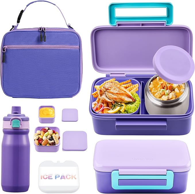Bento Lunch Box for Kids With 8oz Thermo, Leakproof Bento Box with with 2 Compartments, Insulated Bottle, Lunch Bag, BPA Free Dishwasher Safe for School Girls Boys (Purple)