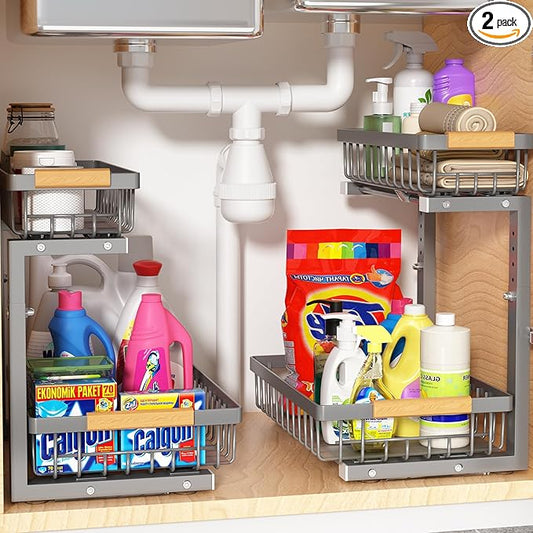 Under Sink Organizer Storage 2 Pack, 2 Tier Slide Out Height Adjustable Pull Out Cabinet Organizer Drawer for Kitchen Bathroom Large Under Sink Shelf Rack Caddy for Pantry, Grey