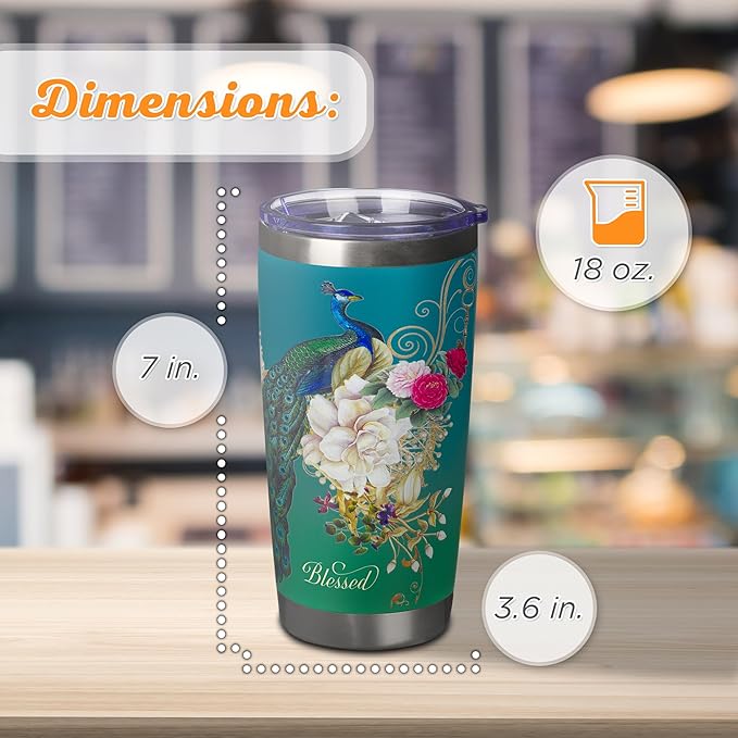 Christian Art Gifts Stainless Steel Double Wall Vacuum Insulated Tumbler 18 oz Peacock Teal Travel Mug with Retractable Lid Inspirational Bible Verse for Women - Blessed Faith -Jeremiah 17:7