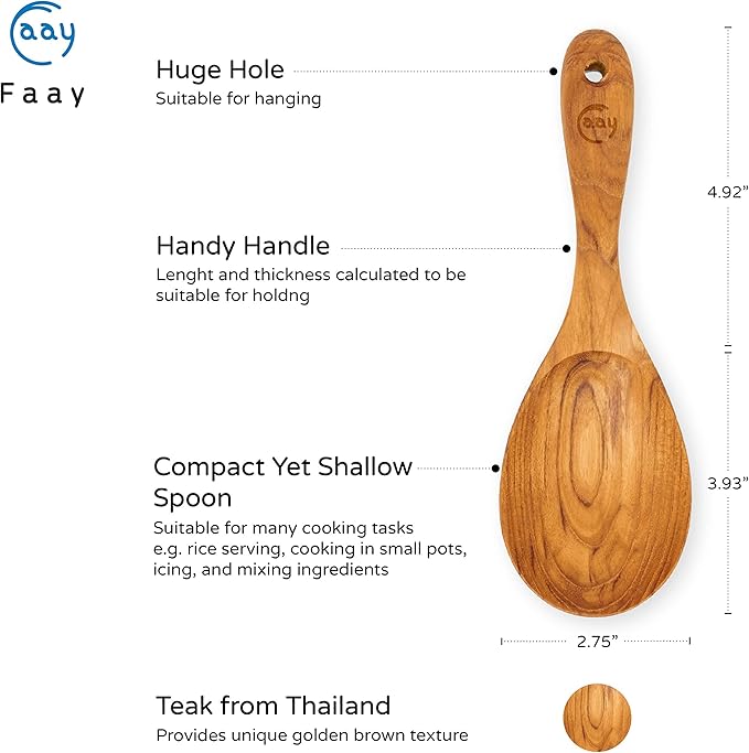 FAAY 9” Rice Paddle, Serving Spoon, Versatile Cooking Spoon – Handcraft from High Moist Resistance Golden Teak Wood | Durable, Healthy, Ergonomic Handle for Non Stick Cookware