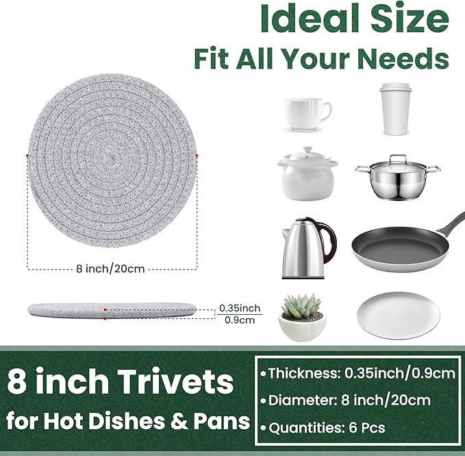 8 Inch Trivets for Hot Dishes, Hot Pots and Pans, Thick Heat Resistant Large Coaster for Kitchen, Hot Pads, Kitchen Essentials, Kitchen Decor for Table & Countertop, 6 Pcs